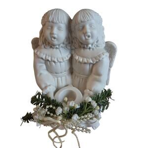 Vintage Two Angels Singing Votive Candle Holder White Christmas Holiday Décor 9"